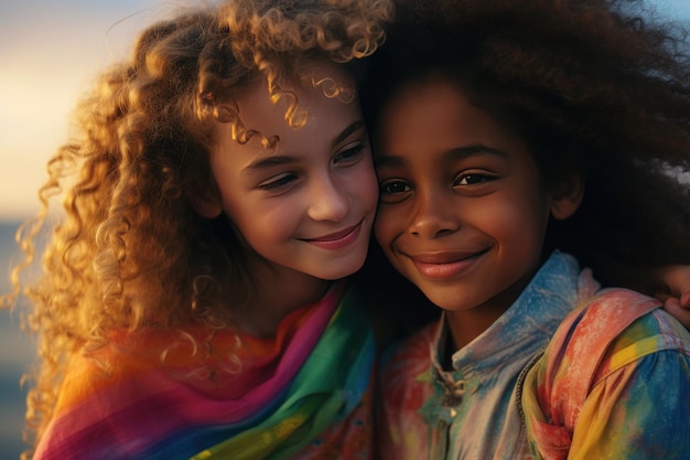dos niñas felices, de piel clara y adolescentes afroamericanas vestidas con chaquetas de colores del arco iris como señal de apoyo a las personas LGBT