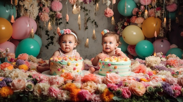 Dos niñas gemelas se sientan frente a una mesa cubierta de flores Día del Niño