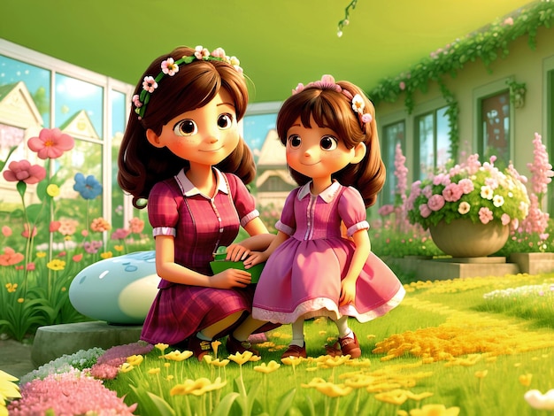 dos niñas en un jardín con flores y una niña con una olla de flores feliz día de la madre celebrando en el flujo