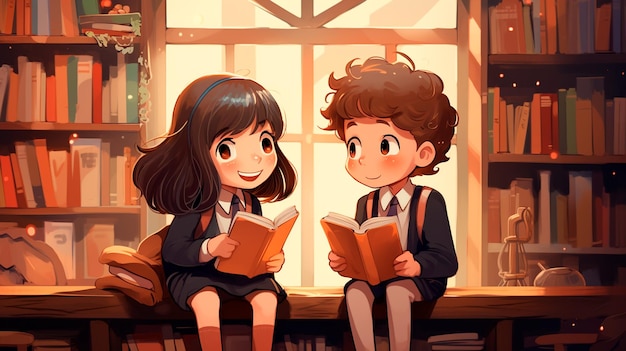 dos niñas jóvenes sentadas en la biblioteca