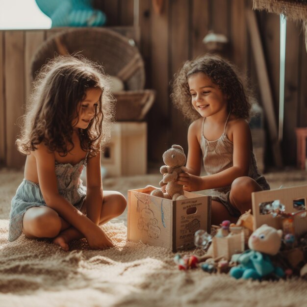 Foto dos niñas juegan con juguetes en una habitación con una caja de madera que dice la palabra juguete