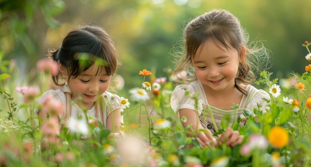 Dos niñas jugando en un campo de flores