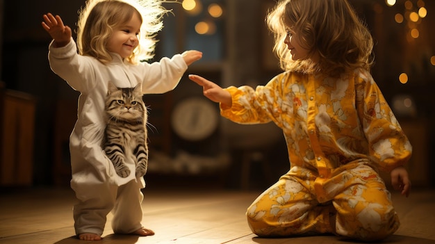 Dos niñas jugando con un gato