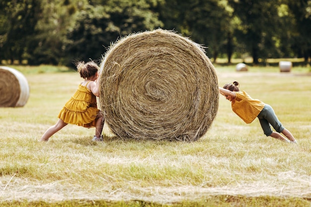 Dos niñas jugando con un pajar en el campo a la luz del día soleado sonriendo y riendo mejores amigos