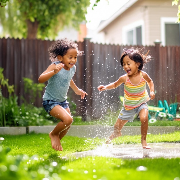 Dos niñas jugando en un patio trasero con una manguera de agua.