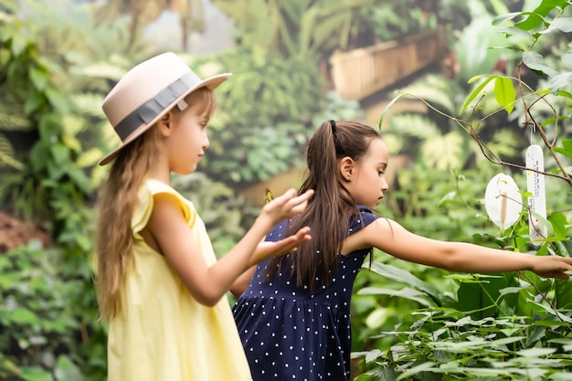 dos niñas con mariposas en un invernadero