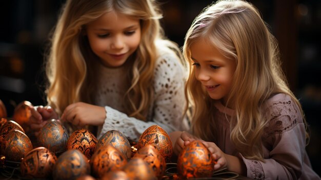 dos niñas mirando una pila de huevos de Pascua