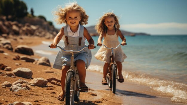 Dos niñas montando bicicletas en la playa en verano