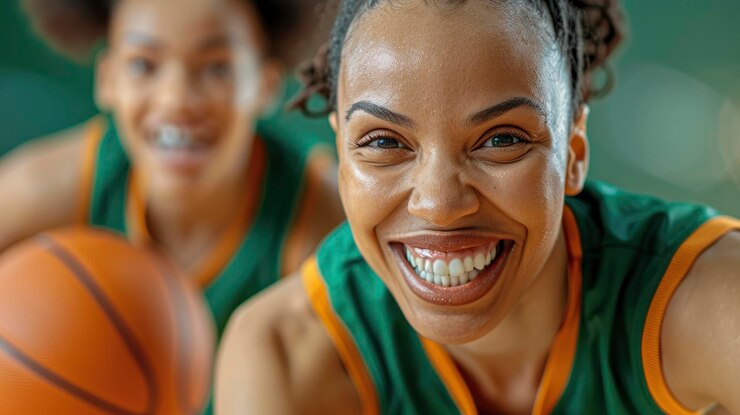 Dos niñas negras enérgicas jugando al baloncesto apasionadamente en la cancha