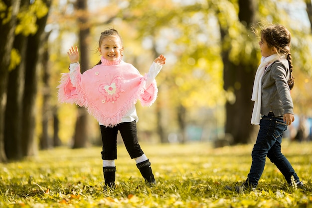 Dos niñas en el parque de otoño