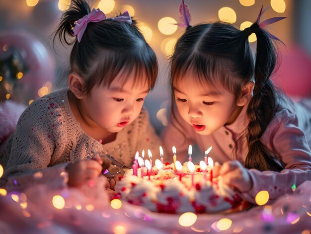 Dos niñas con pastel de cumpleaños en una fiesta de cumpleaños