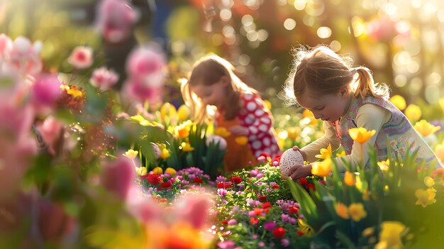 Dos niñas pequeñas están buscando huevos de Pascua en un campo de flores, ambas están sonriendo y divirtiéndose.