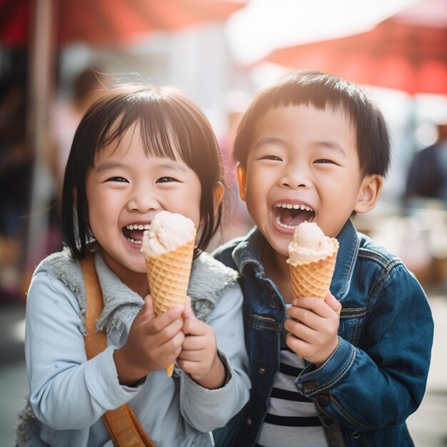 Dos niñas pequeñas están comiendo conos de helado en un mercado