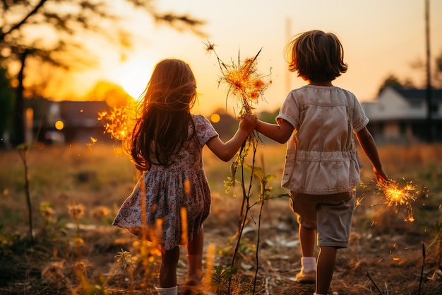 Foto dos niñas pequeñas con fuegos artificiales brillantes hermanas gemelas idénticas quemando fuegos brillantes al aire libre