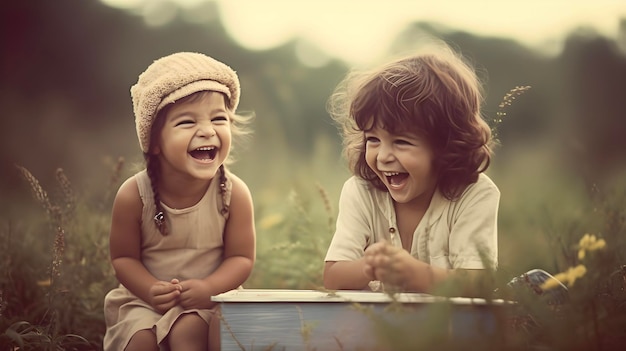 Dos niñas pequeñas riendo en el campo concepto de infancia feliz generada por la IA