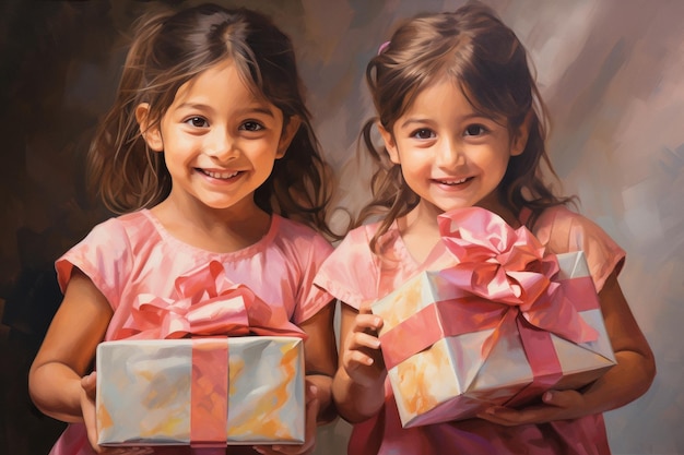 Dos niñas con regalos en la mano