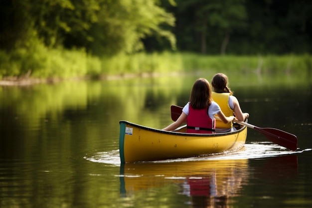 Dos niñas reman en una canoa en un lago.