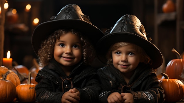 dos niñas con sombreros, uno de los cuales tiene un sombrero negro que dice pom