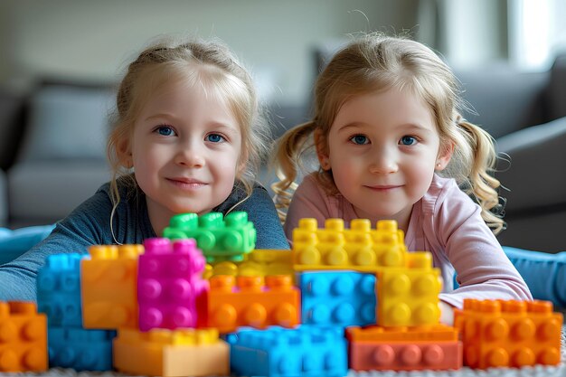 Dos niñas sonriendo mientras yacen sobre coloridos bloques de juguete