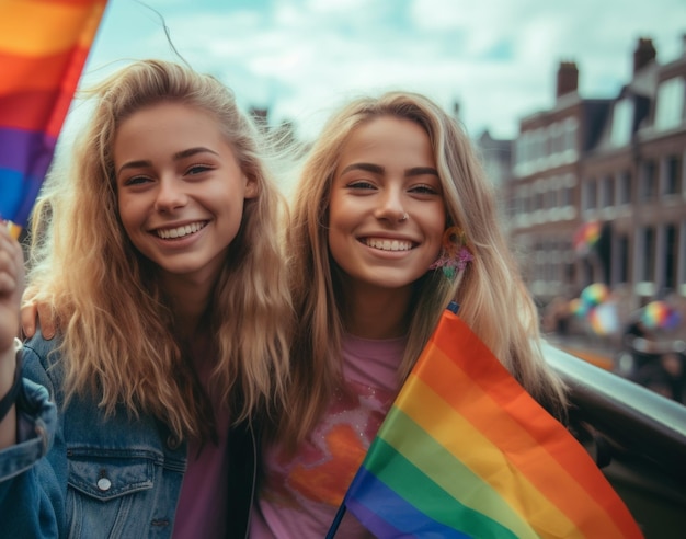 Dos niñas sosteniendo una bandera del arco iris en amsterdam