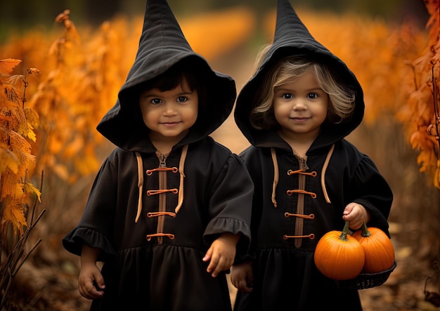 dos niñas vestidas de brujas y calabazas