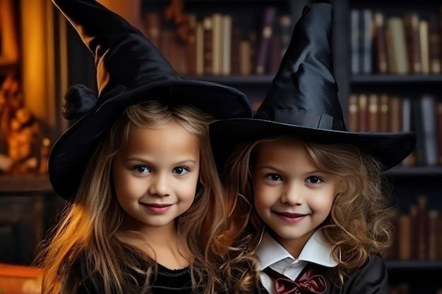 Dos niñas vestidas con sombreros de brujas Sonrisas alegres de niños en vísperas de la fiesta Traje festivo Jack Lantern