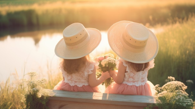 Dos niñas vestidas con vestidos y sombreros a juego miran por encima de un banco de madera