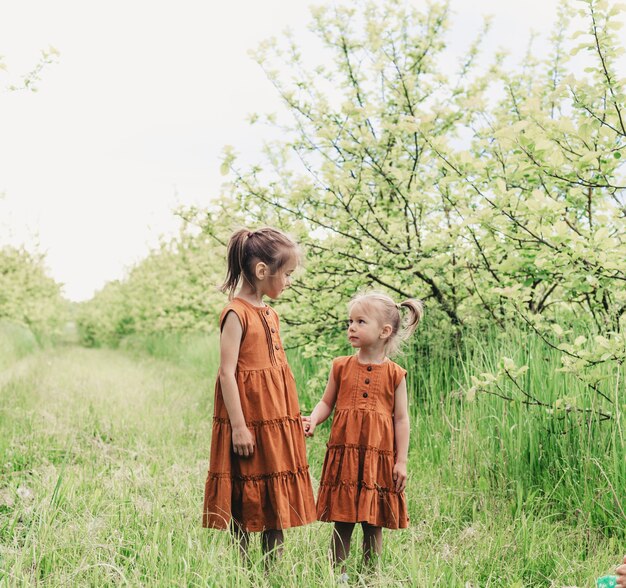 Dos niñas con vestidos idénticos caminan juntas en la primavera en el huerto de manzanas. infancia feliz