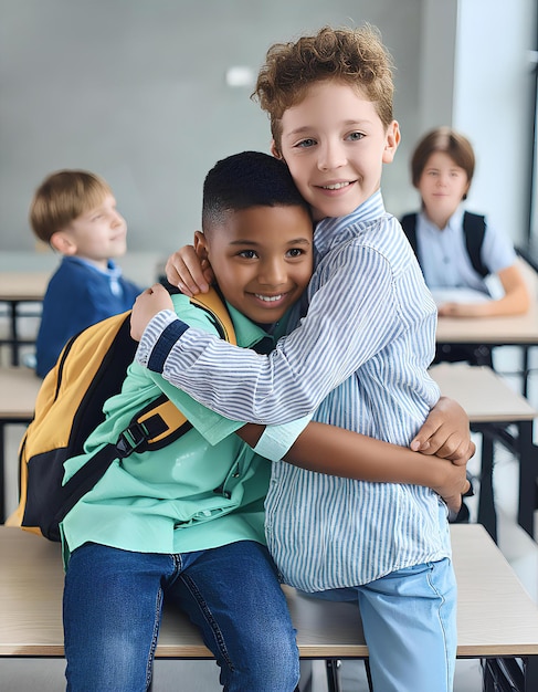 Foto dos niños se abrazan en un aula