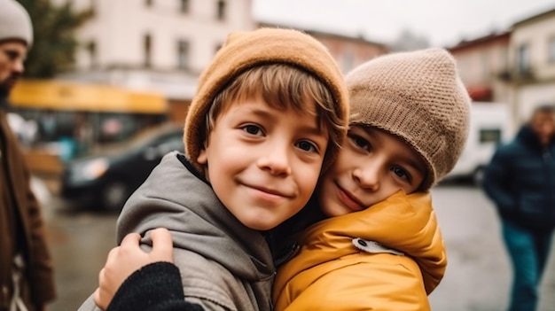 dos niños, abrazar, en, un, calle