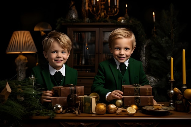 Dos niños abren regalos en el frente de la casa