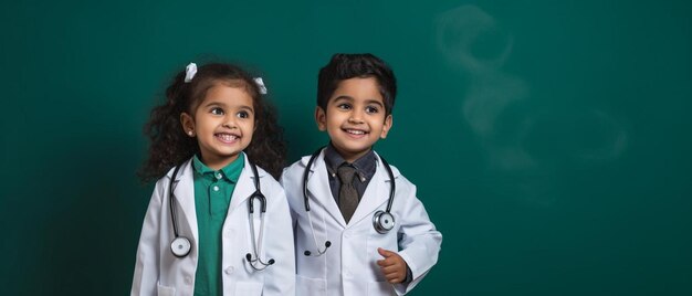 dos niños con abrigos de laboratorio y un abrigo de laboratorio