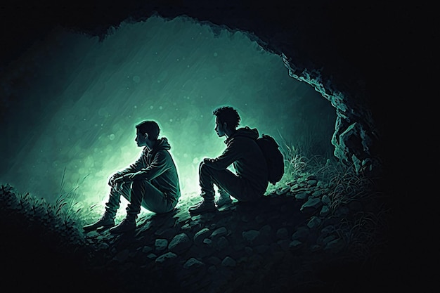 Dos niños en el acantilado Dos hermanos sentados en el acantilado y mirando la misteriosa luz brillante Pintura de ilustración de estilo de arte digital