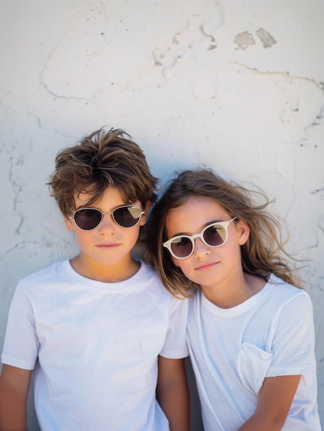 Dos niños adolescentes serios, un niño y una niña, con camisetas blancas y gafas de sol.