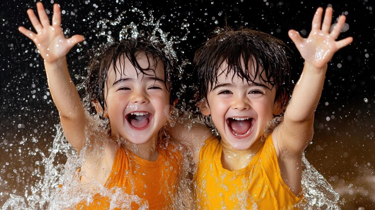 Dos niños alegres salpicando en el agua expresando pura felicidad
