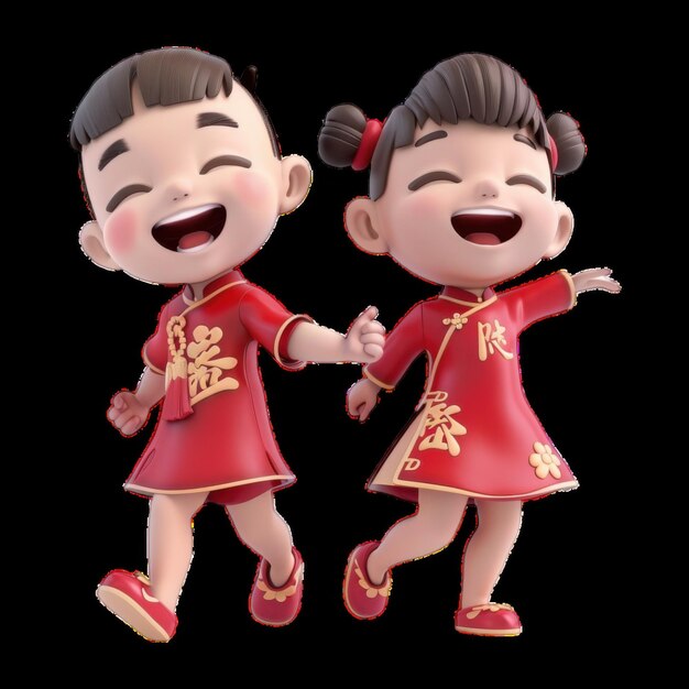 Dos niños alegres con trajes rojos tradicionales celebrando