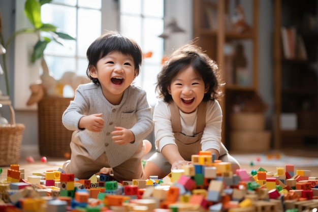 Dos niños asiáticos felices jugando con bloques niños pequeños lindos jugando mientras están sentados en casa