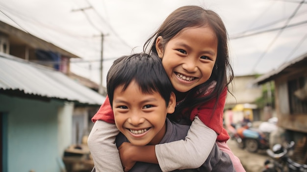 Dos niños asiáticos jugando felices en la calle.