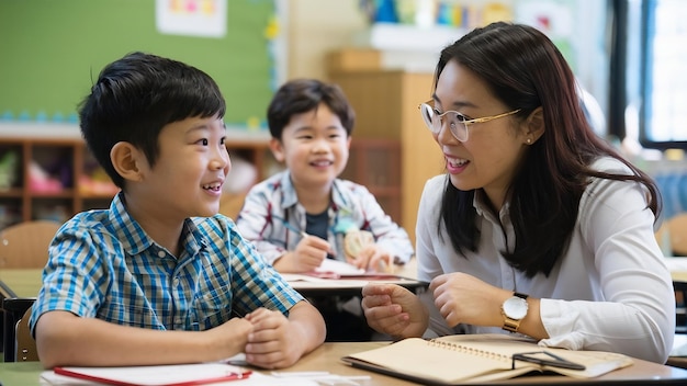 Dos niños asiáticos sentados en el aula y el maestro sonriente con gafas hablando con el niño