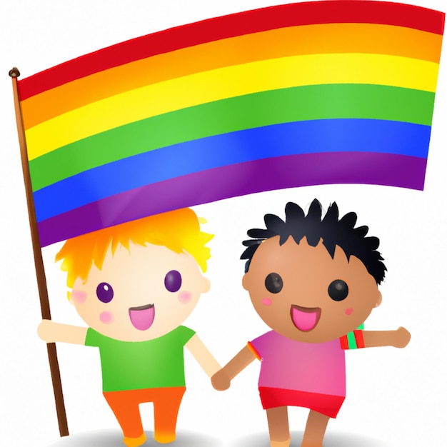 Dos niños con una bandera del arcoíris y un cartel que dice "lgbt"