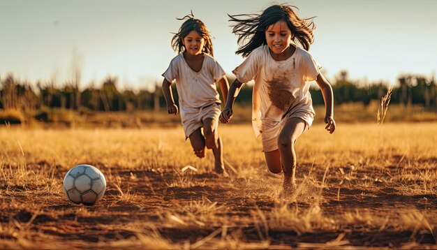 dos niños con cabello negro liso y ojos marrones jugando al fútbol descalzos en un campo de tierra