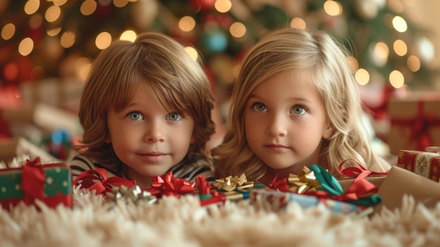 Dos niños con cabello rubio y ojos azules acostados en una alfombra de piel blanca frente a un árbol de Navidad