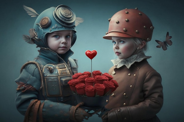 dos niños con una caja en forma de corazón con un corazón rojo en la parte superior.