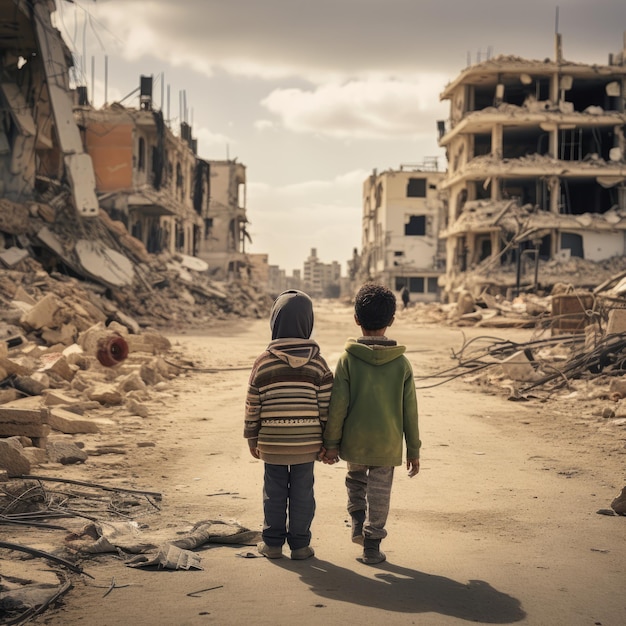 Dos niños caminando por un camino de tierra frente a edificios destruidos.