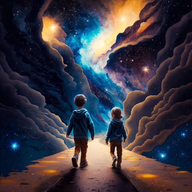 Dos niños caminando por un sendero frente al cielo estrellado IA generativa