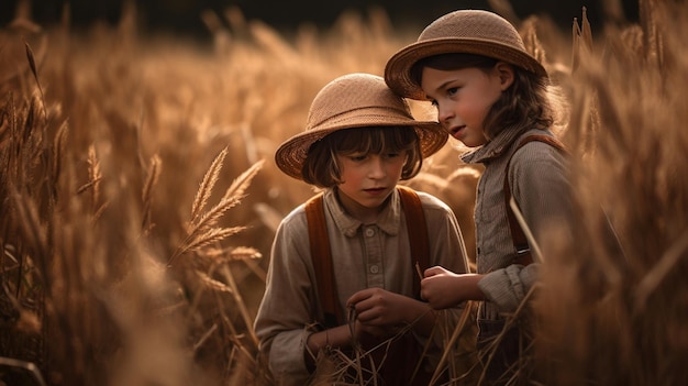 Dos niños en un campo de trigo.