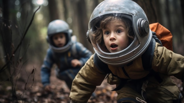 dos niños con cascos de astronauta en el bosque