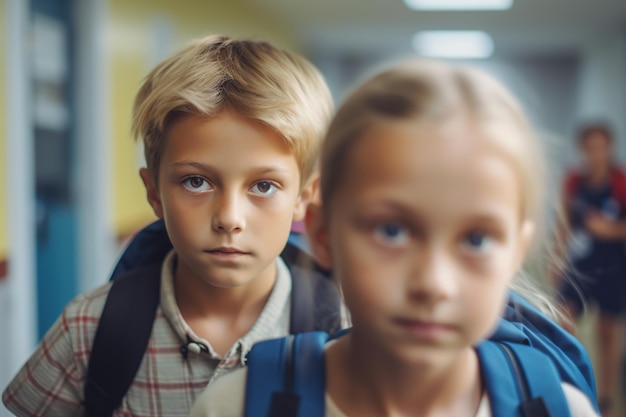 Dos niños caucásicos con mochilas en su primer día de clases en el aula IA generativa