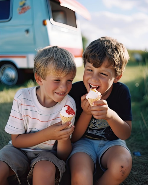 Dos niños comiendo helado en un campamento IA generativa