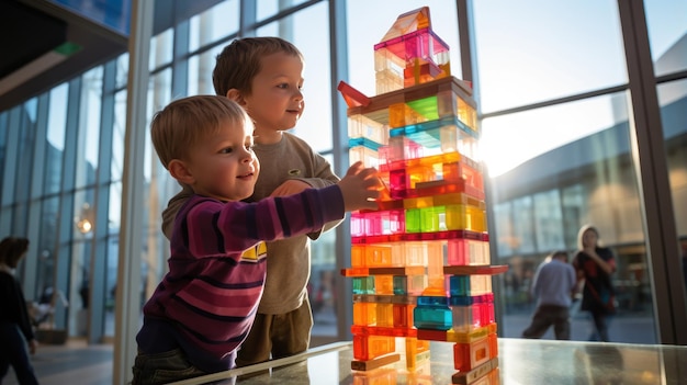 Foto dos niños construyen un altísimo rascacielos con bloques de colores